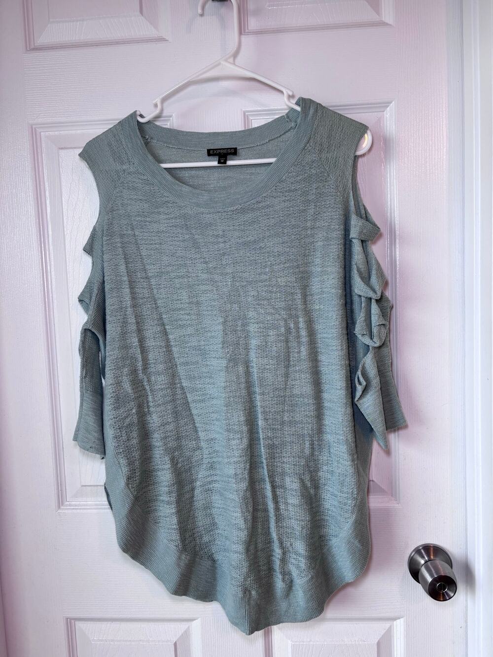 Express Women’s XS Sage Green Cold Shoulder Ruffle Lightweight Sweater Top